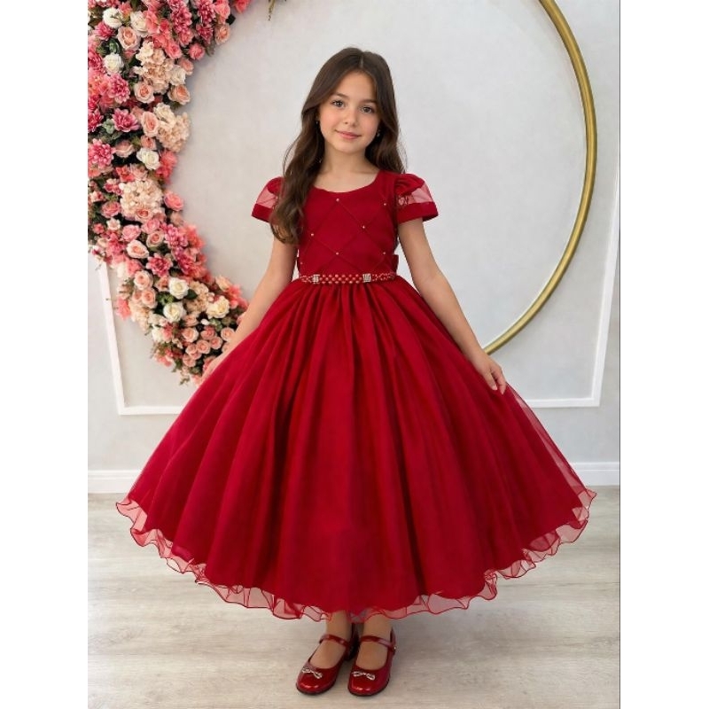 Vestido Infantil Busto Nervura C/ Pérolas Damas para festas Vestido Para meninas