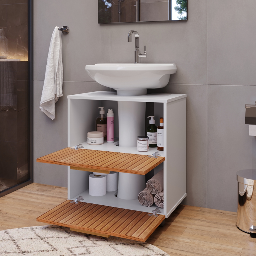 Armário de Banheiro Para Pia De Coluna Com Rodinhas Duas Portas MDP 12mm