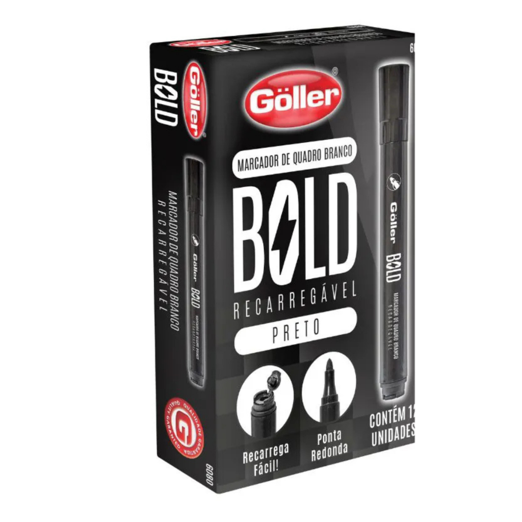 Caixa 12 Marcadores de Quadro Branco Recarregável - Preto Goller Bold