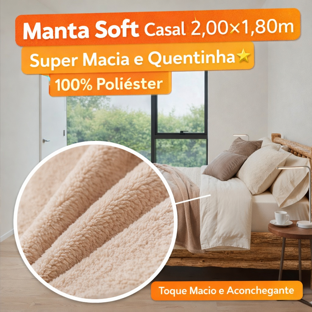 Manta Soft Casal 2,00x1,80m Super Macia e Quentinha 100% Poliéster – Cobertor Leve Confortável para Sofá e Cama