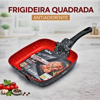 Frigideira Grill Quadrada 24cm Antiaderente Indução Stone Red Point Cabo Resistente