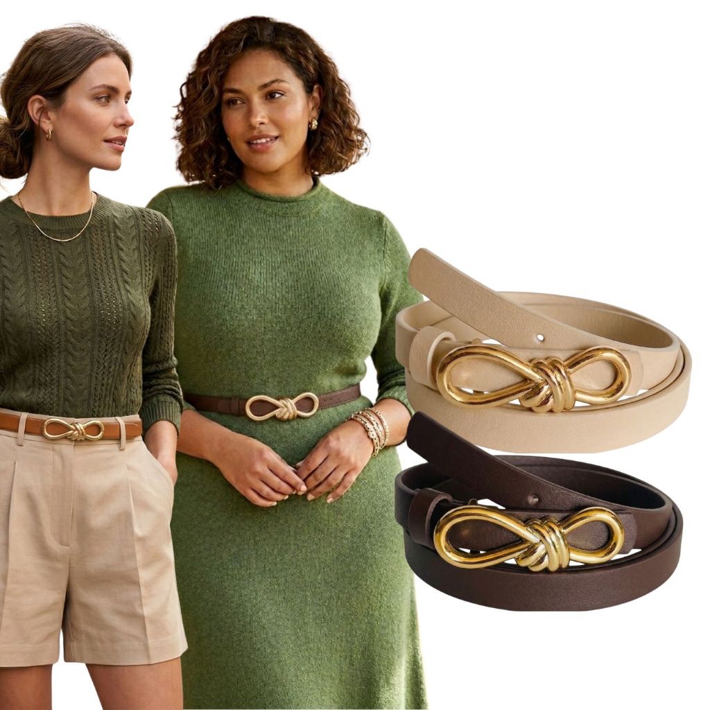 KIT 2 Cintos Femininos da Moda Plus Size Couro PU Fino 1.5cm Fivela Laço Dourado - Isabela