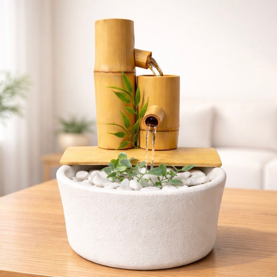 Imagem Fonte de Água Bambu Zen 2 Quedas Branca Decorativa Feng Shui Cascata Relaxante Energia Positiva