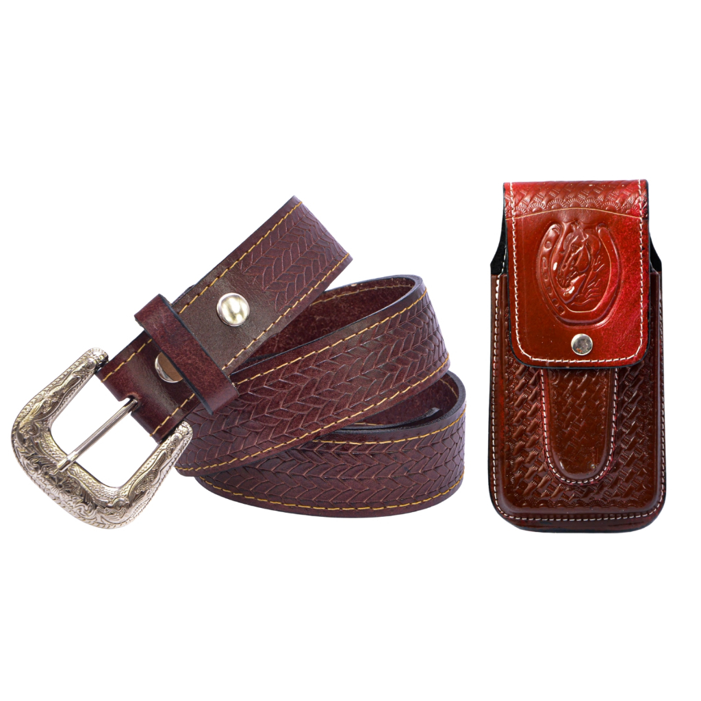 Kit Cinto Country Fivela Prata + Capa Bainha Conjugada com Canivete Couro Legítimo