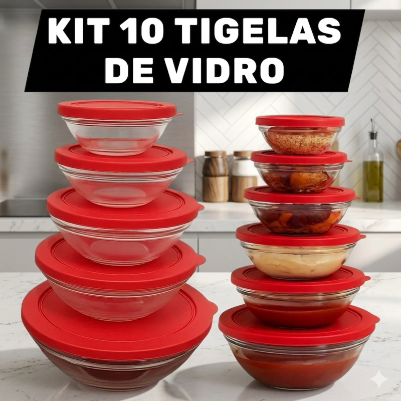 Kit 10  Tigelas Redondas com Tampa Hermeticas Armazenamento de Alimentos Microondas e Geladeira