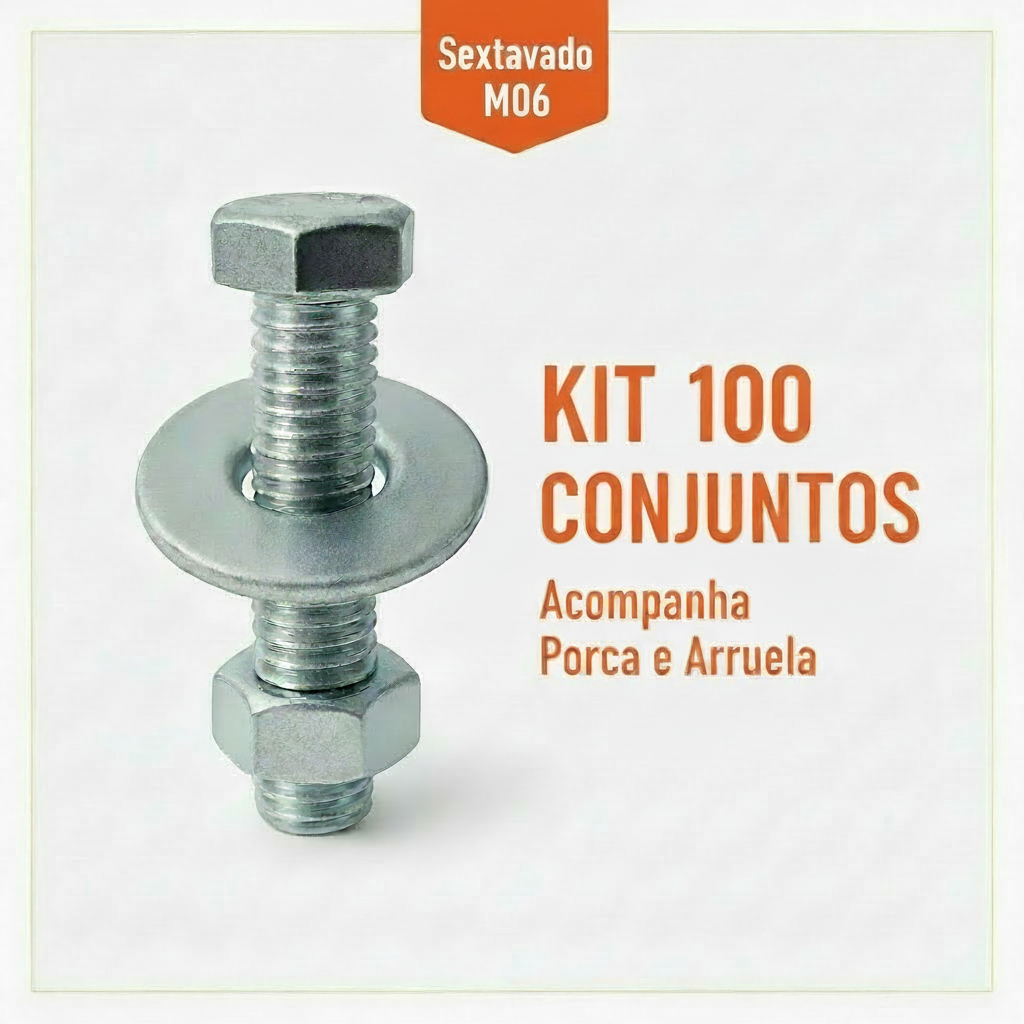 Kit 100 Parafusos Sextavados M06 Zincado (Escolha o Tamanho) + Porcas e Arruelas