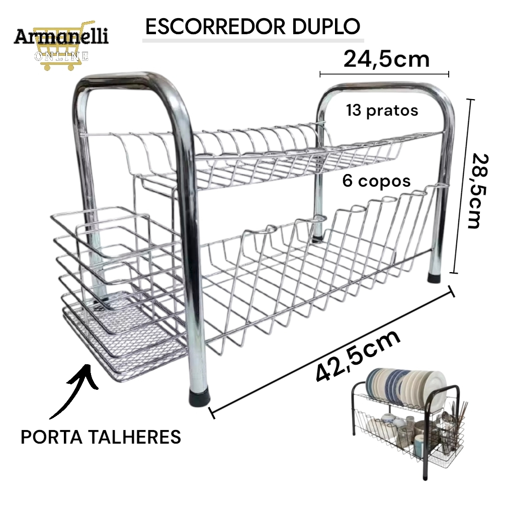 Escorredor Duplo de Pratos Louças Talheres Gourmet Cromado/Preto em Aço em Oferta na Shopee