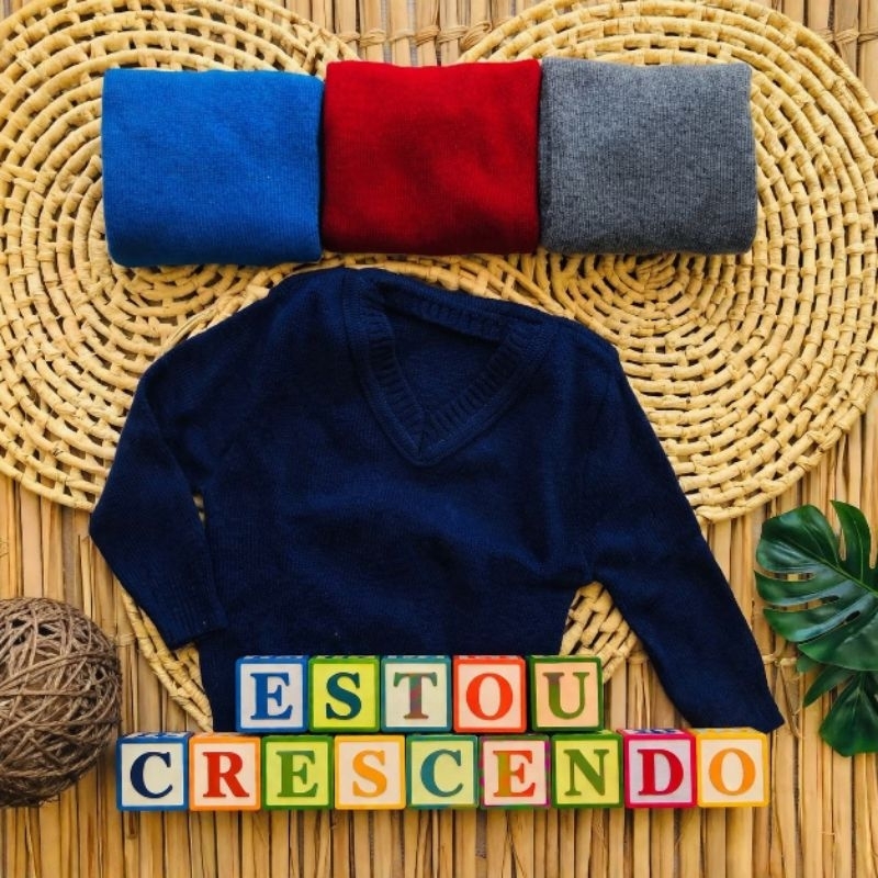 Blusa de Lã Menino Lisa gola em V Sueter Trico Inverno