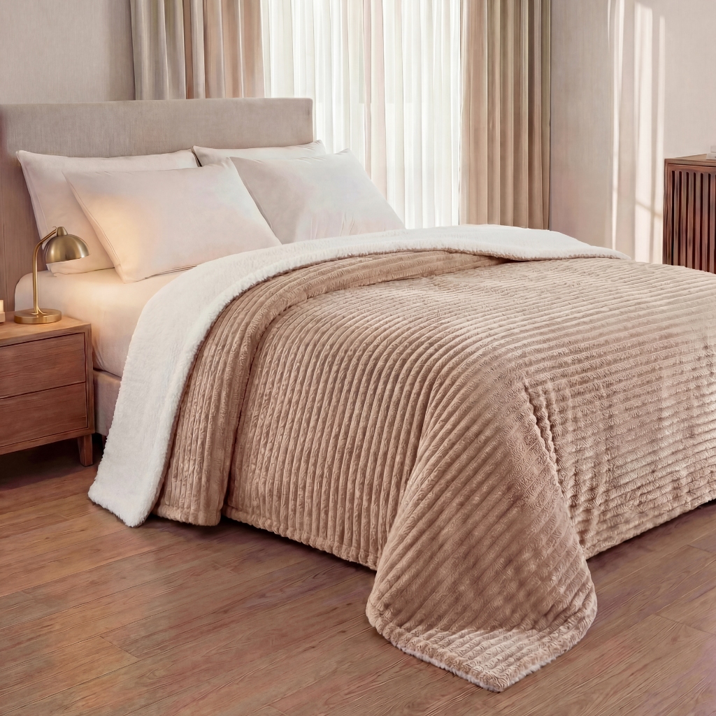 Cobertor Casal 2,20x1,80 Sherpa Canelada Aveludado Manta Lã De Carneiro