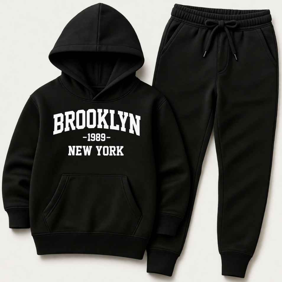 Conjunto Moletom Infantil PREMIUM estampado Brooklyn Blusa de Frio Canguru e Calça Flanelados