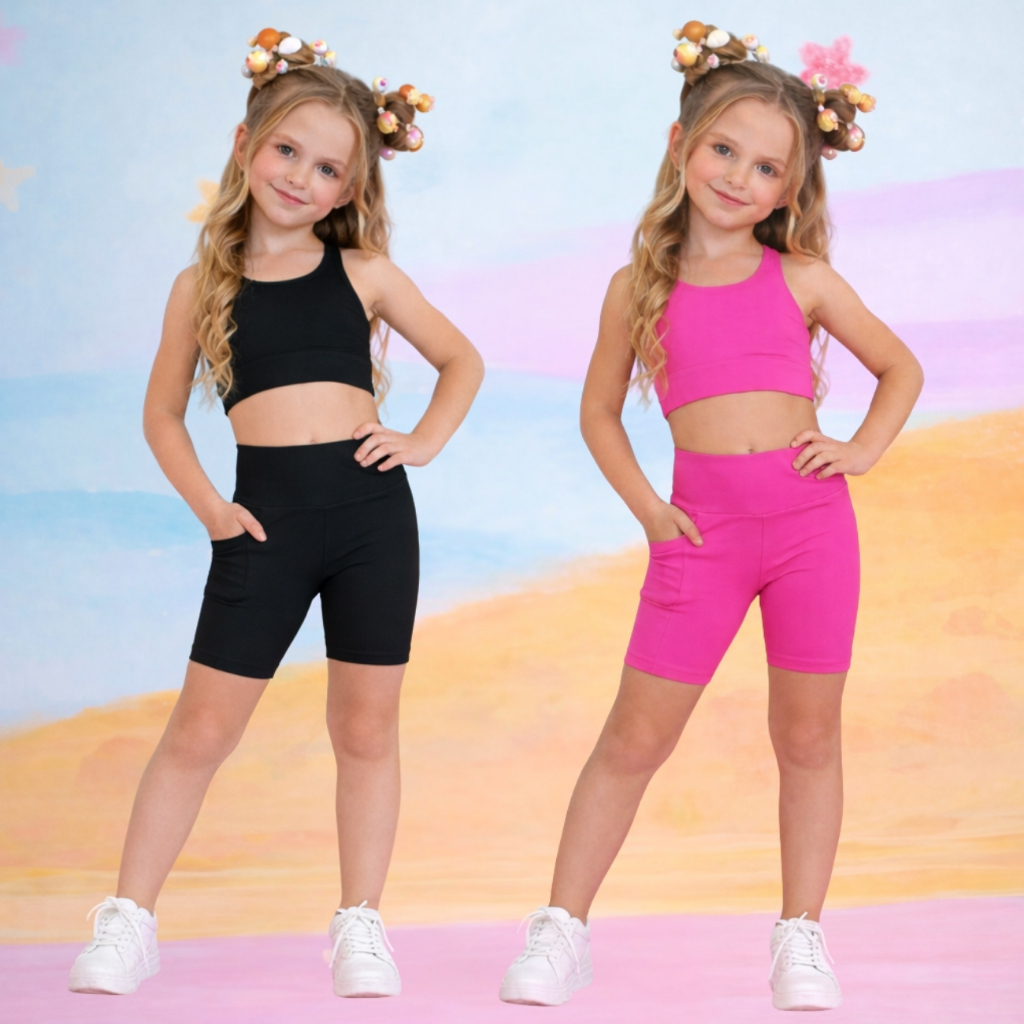 Kit 2 Conjunto treino infantil short academia fitness exercício poliamida esporte corrida Parque