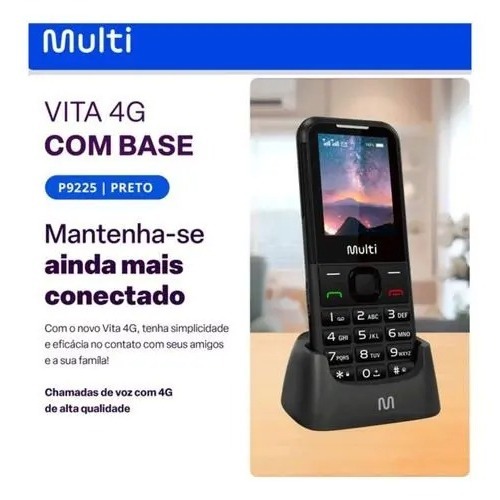 Celular idoso simples Multi Vita 4G C/ Base Carregadora Dual Chip, Botão SOS, Câmera Preto - P9225