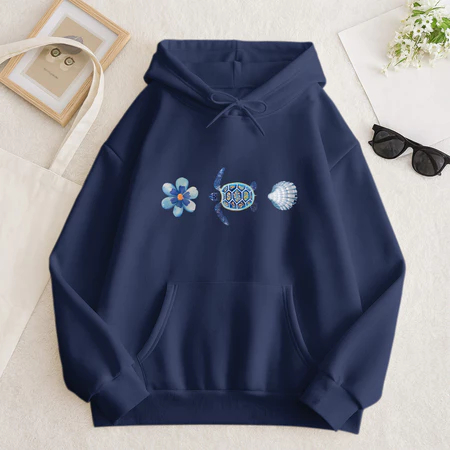 Moletom Canguru Estampado com Capuz Flor Azul, Tartaruga Marinha e Concha Blusa de Frio Tropical
