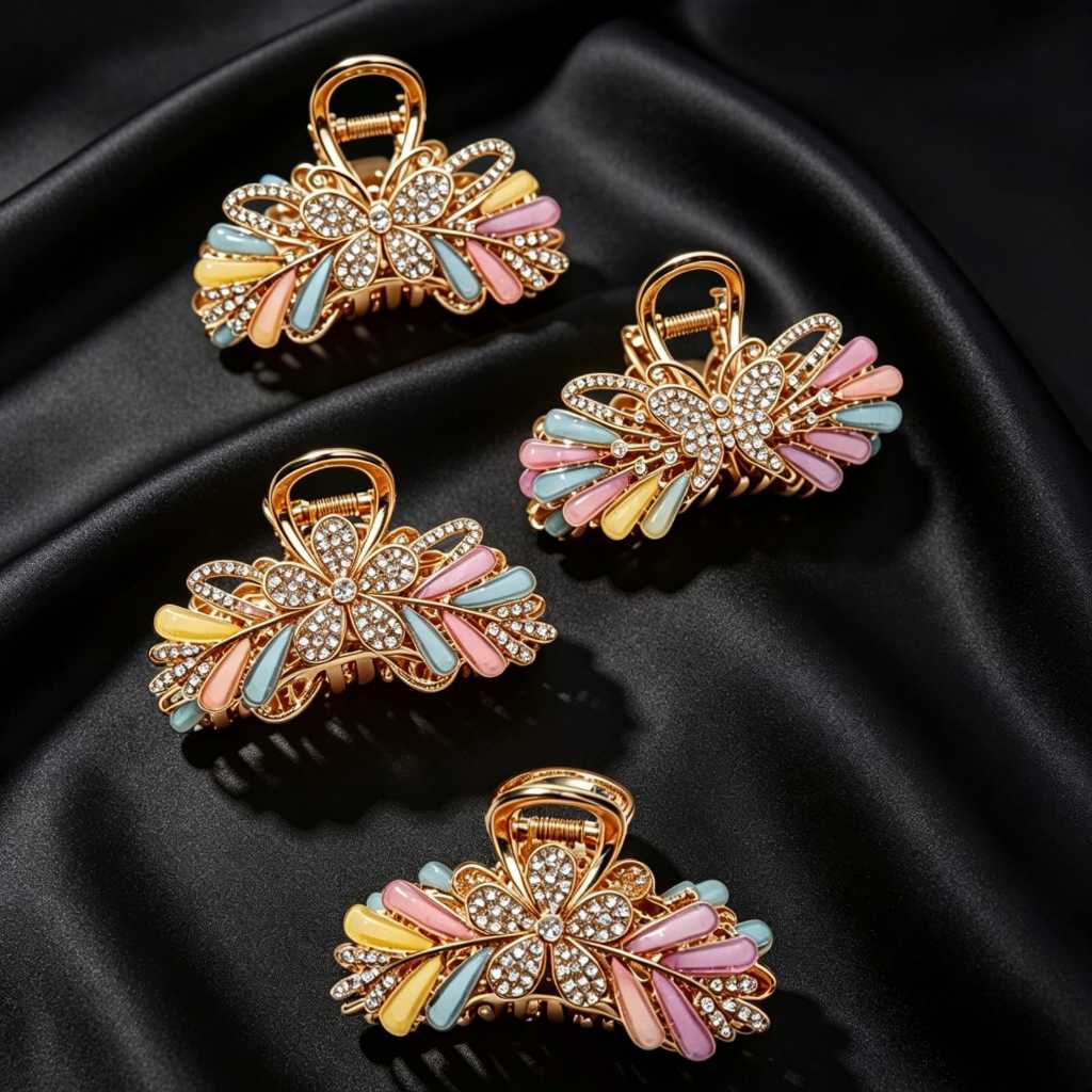 Presilha de Cabelo Strass Flor e Borboleta Colorida - Claw Clip Dourado para Coque, Acessório Feminino