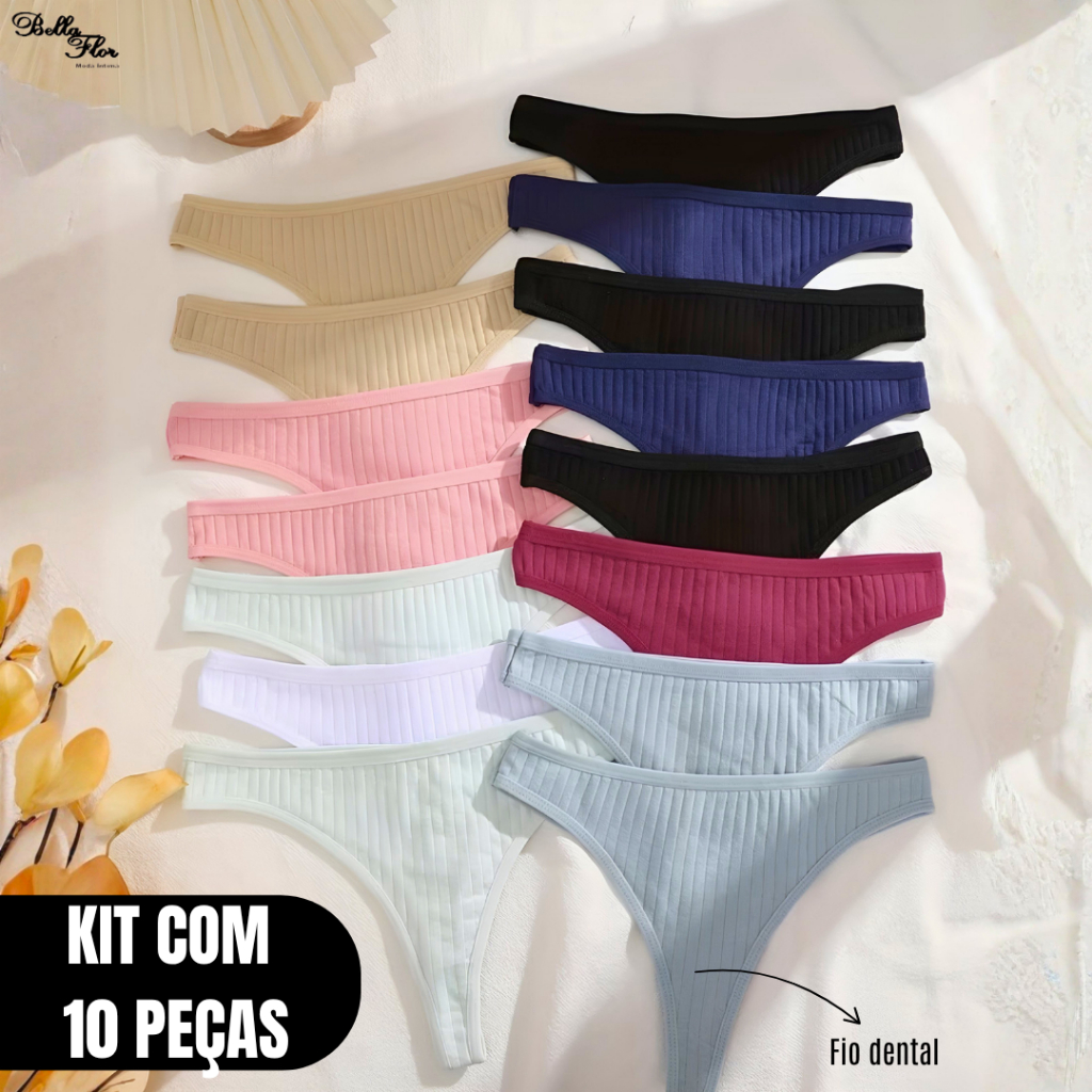 Kit Calcinhas Fio Dental Algodão Canelado Sem Costura Confortável Não Marca Lingerie Feminina