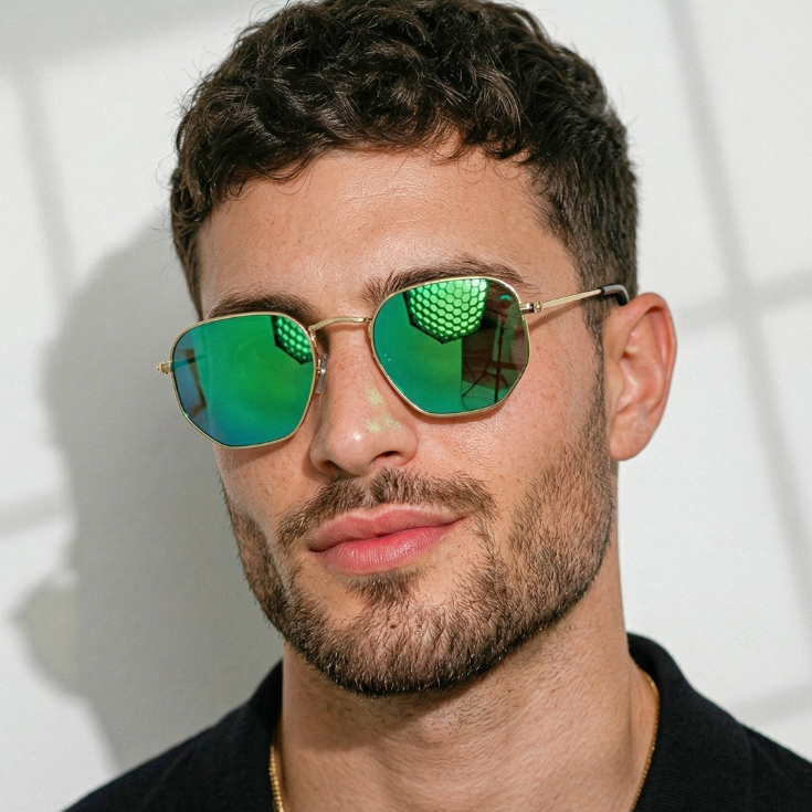 Oculos de Sol Hexagonal Dourado e Verde Espelhado Premium Classico uv400 Masculino Feminino