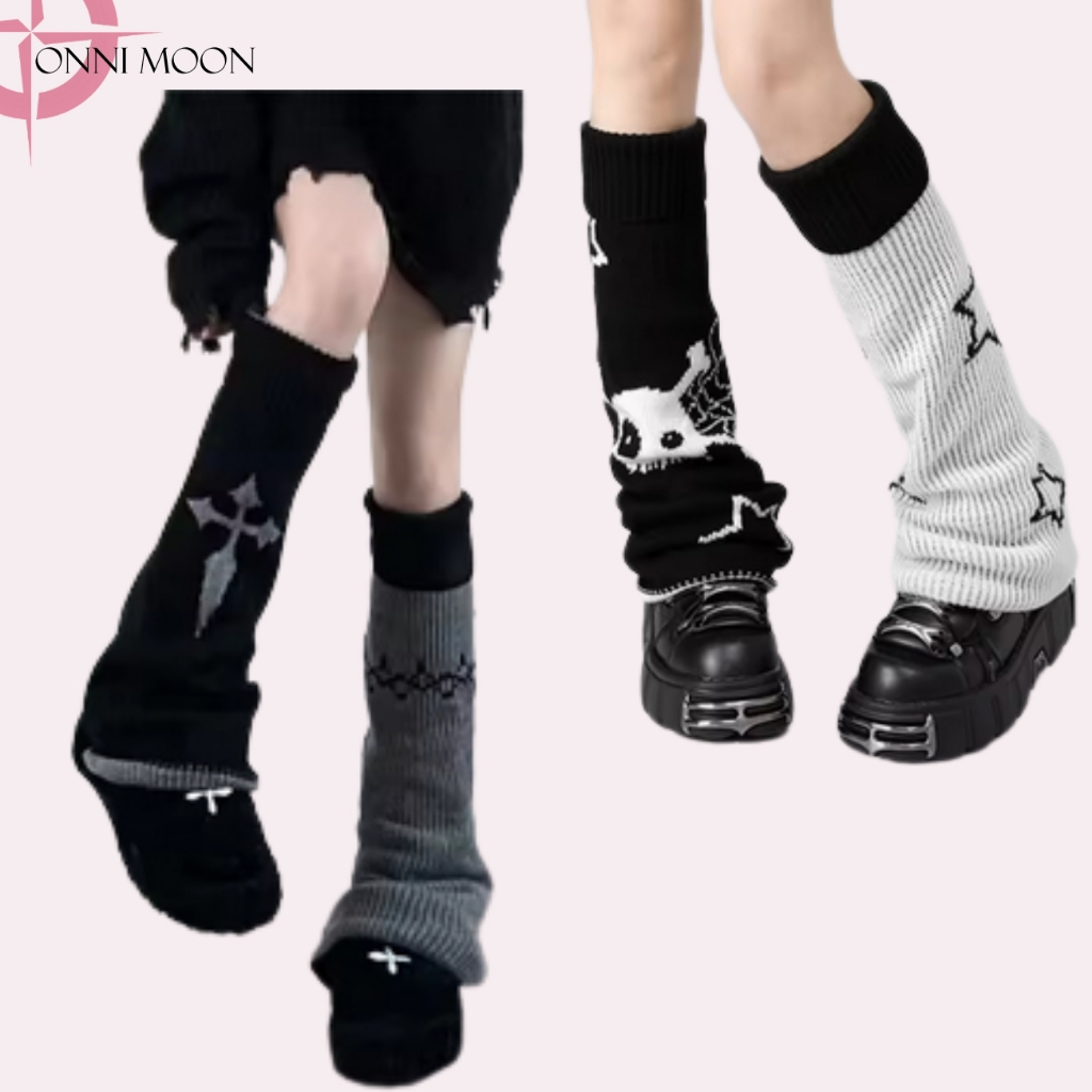 Polaina Bordada Boca Larga Dupla Face Tricô Gótico Punk Grunge Y2K Kawaii Lolita K-pop Anime Aesthetic