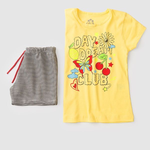 Conjunto Infantil Menina Verão Blusa Meia Malha Estampada + Shorts Moletinho Roupa Infantil Feminina Confortável