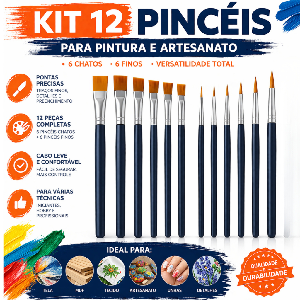 Kit com 12 Píncéis para Pintura Artesanato, Ponta Chata, Ponta Redonda, Ponta Fina - Aquarela em Oferta na Shopee