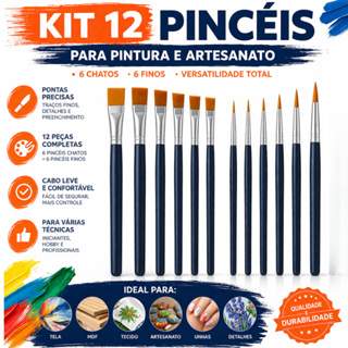 Kit com 12 Píncéis para Pintura Artesanato, Ponta Chata, Ponta Redonda, Ponta Fina - Aquarela em Oferta na Shopee