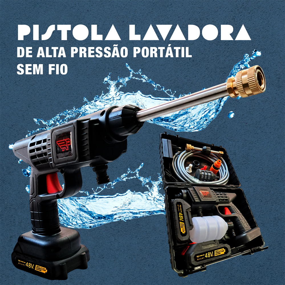 Lavadora Alta Pressão 48V de 2 Baterias Pistola Lava Jato Mais Potente Portátil Recarregável Sem Fio