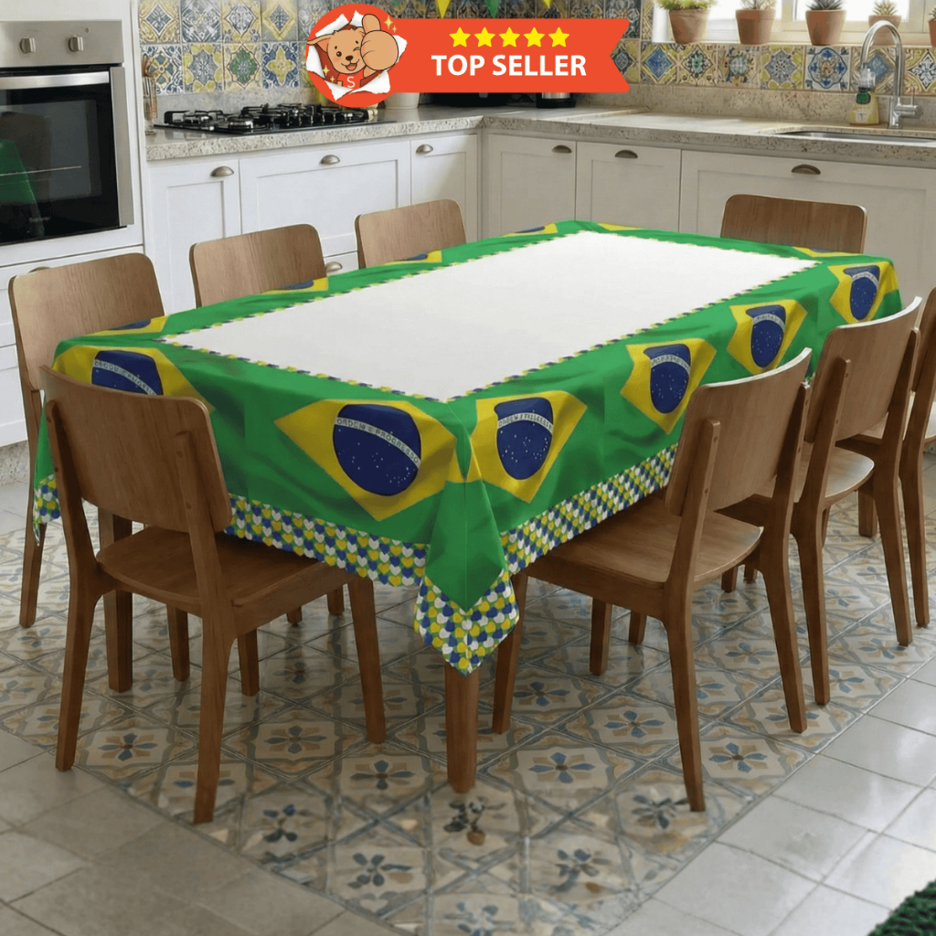 Toalha de Mesa 8 Lugares 3,00x1,50m Retangular- Decoração Copa Do Mundo, Estampa Exclusiva