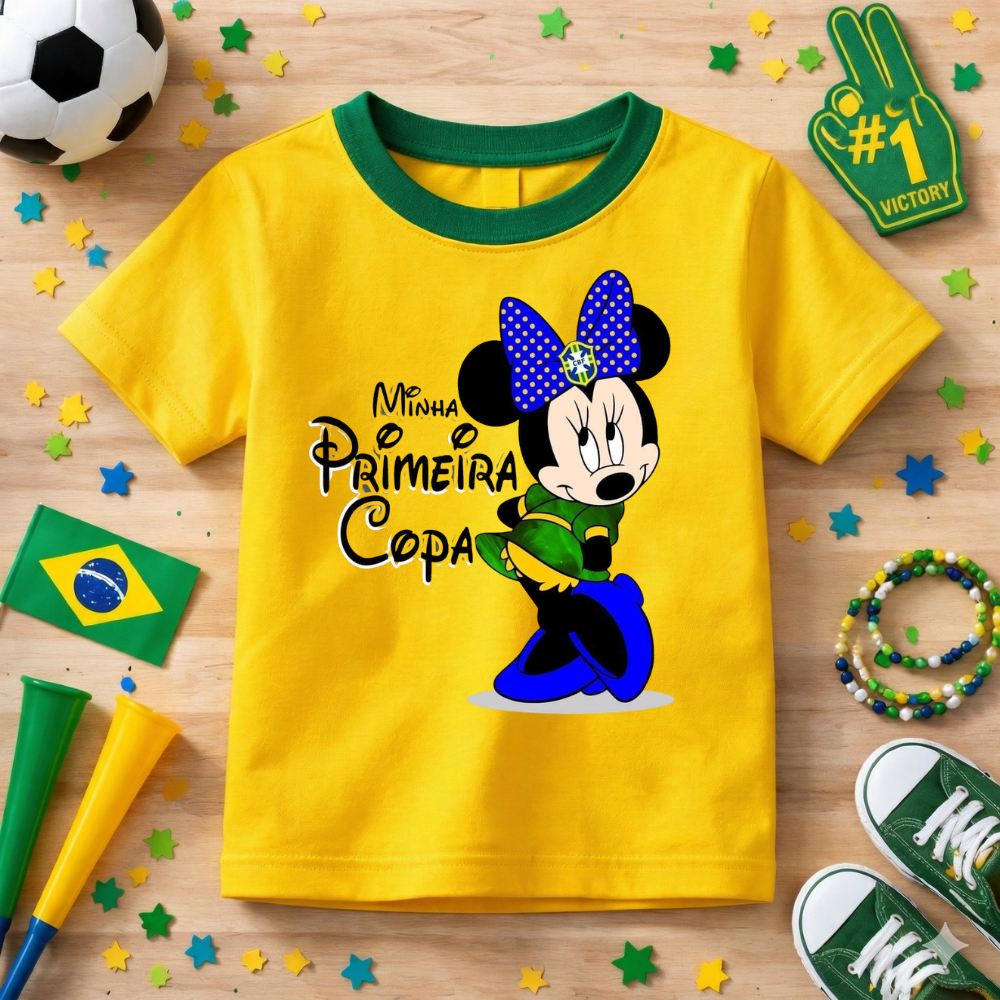 Camiseta Infantil Primeira Copa Do Mundo Menina Minie Lançamento Brasil Algodão Premium Confortável