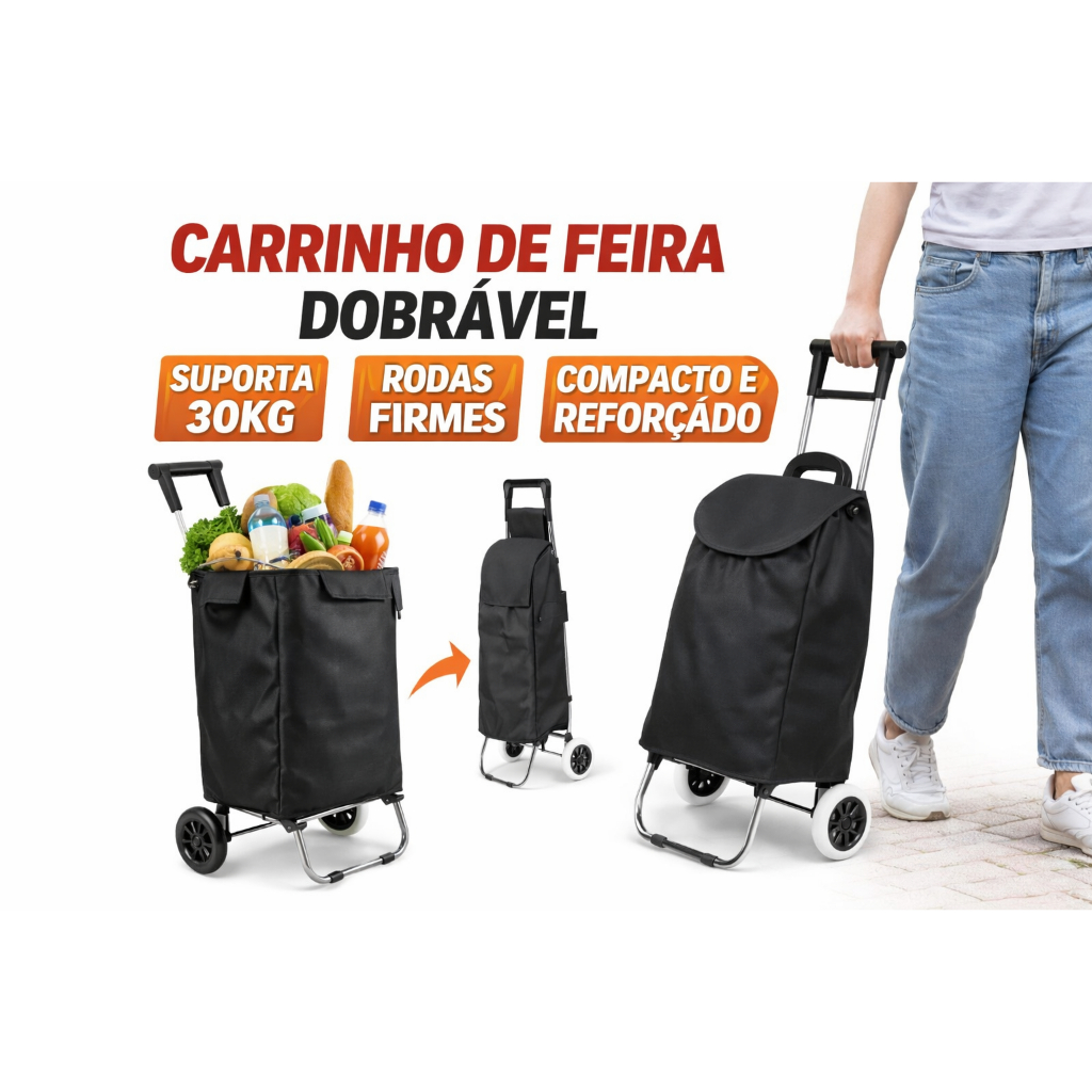 Carrinho de Feira Reforçado 30kg Dobrável Resistente Supermercado Rodas Firmes