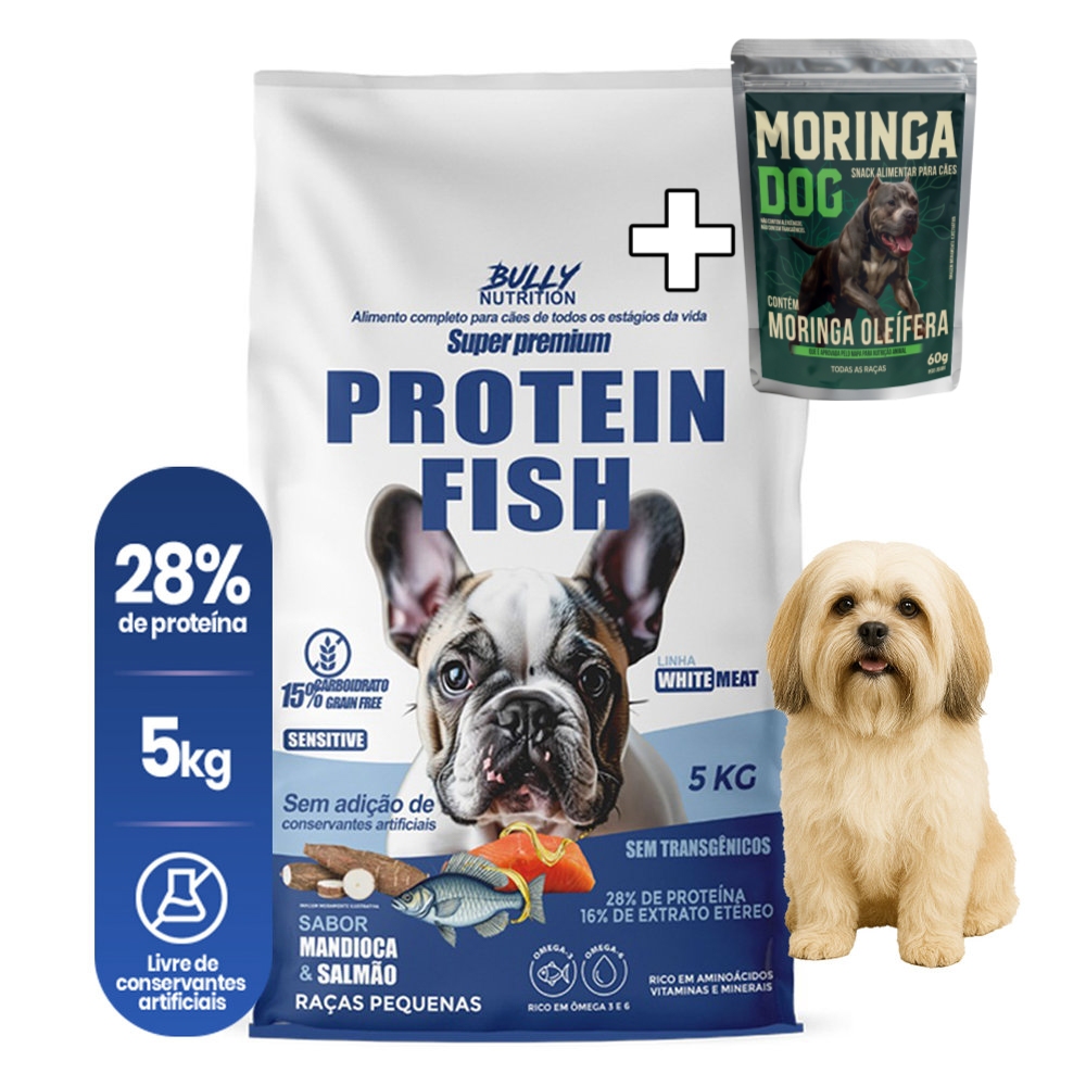 Ração Fish Protein Raças Pequenas Lhasa Apso Bully Nutrition 5Kg + Moringa Dog 60g