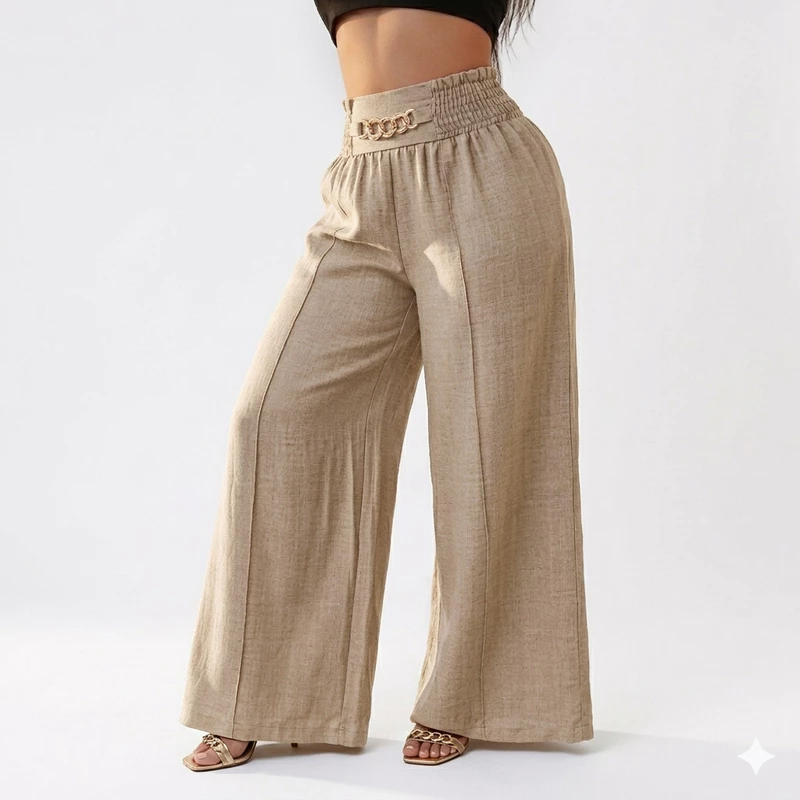 Calça Pantalona De Linho Com Cinto Fake Cintura alta e casual com decoração De Corrente Metálica e Bolsos.