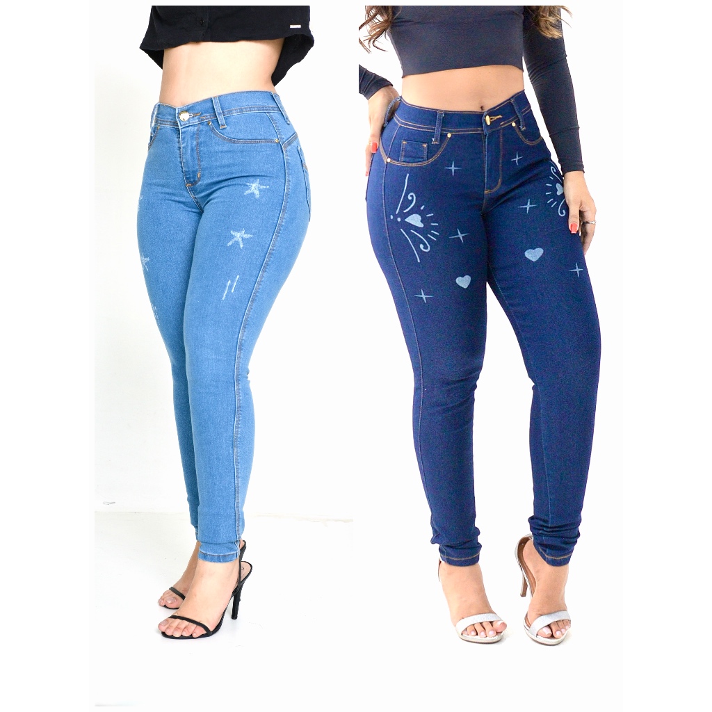 kit com 2 calças feminina jeans elastano lycra denim