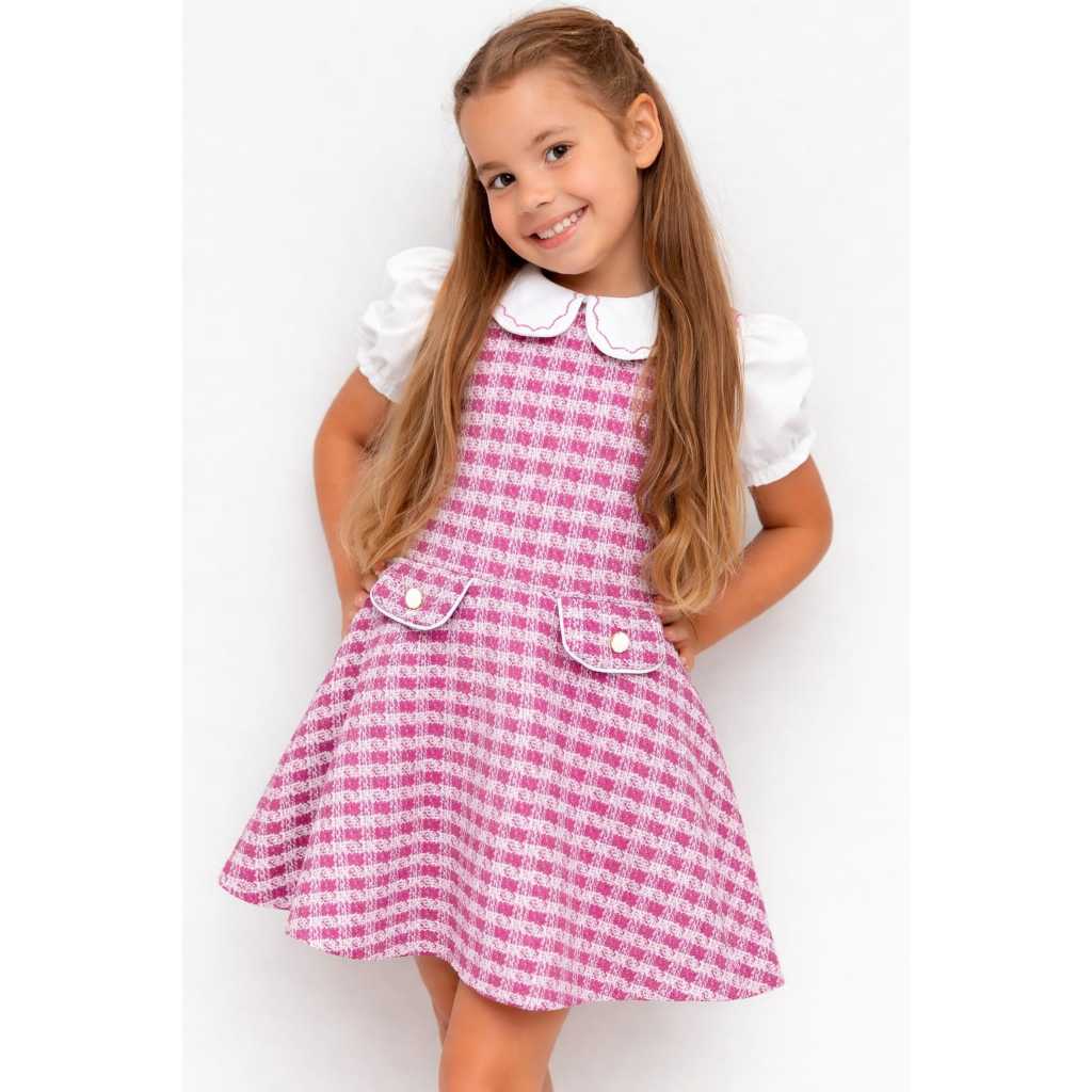 Vestido Infantil Tweed com Camisa – Vestido Elegante Menina com Leve Brilho -- 2 modos de uso -- Luxo -- vestido Premium