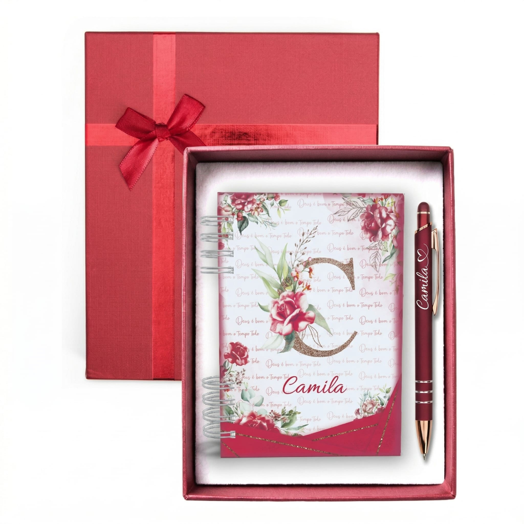 Kit Presente Caderneta Personalizada + Caneta com Nome + Caixa Elegante Presente Brinde Agenda Bordô