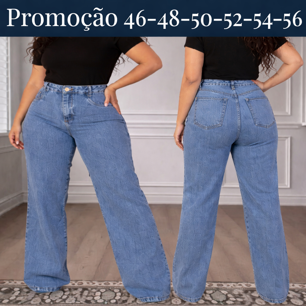 Calça Plus Size Jeans Wide Leg Pantalona Tendência de Shopping em Oferta na Shopee
