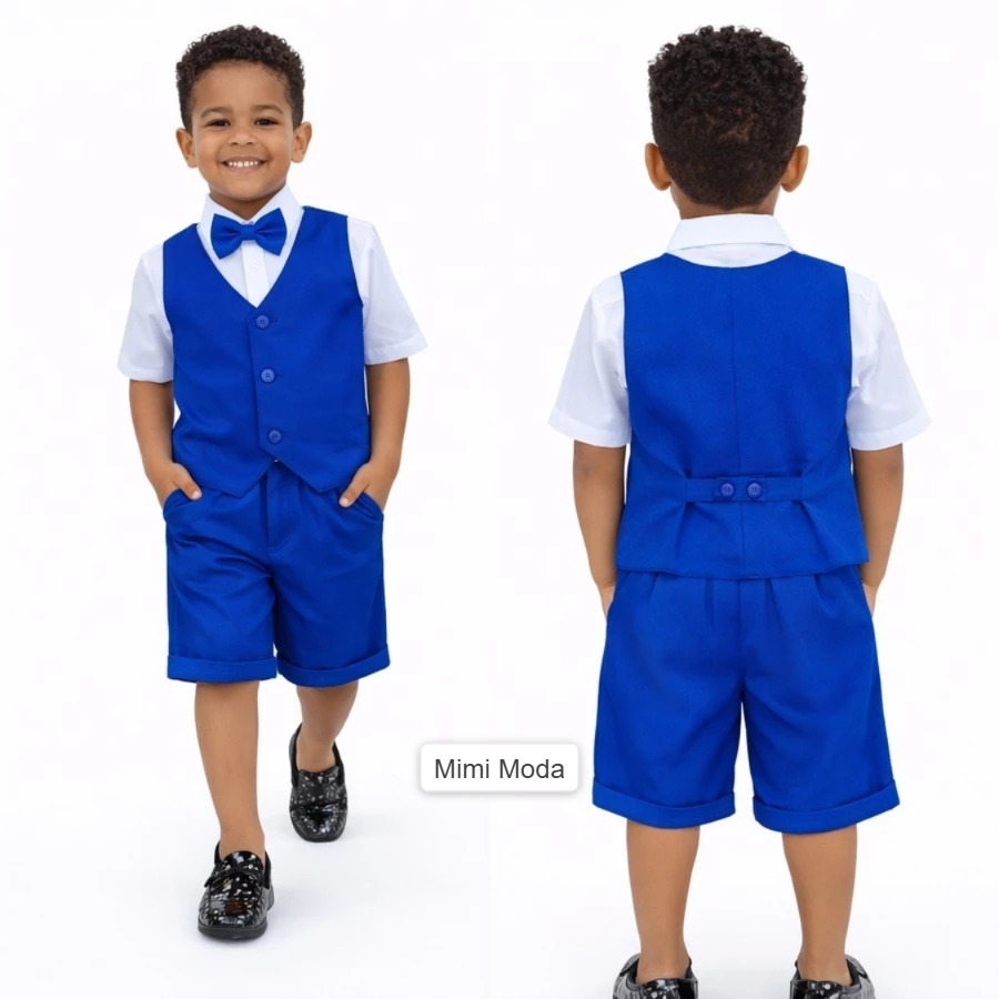 Conjunto Social Infantil Masculino Colete Shorts Azul Royal Noivinho Festa Casamento Pagem Formatura