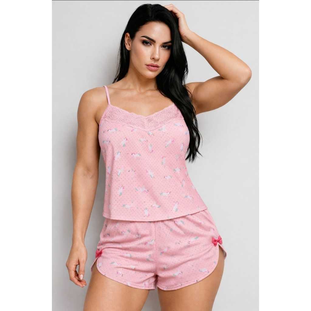 Babydoll Pijama com renda roupa de dormir Pijama unicórnio babydoll rosa shordoll lindo