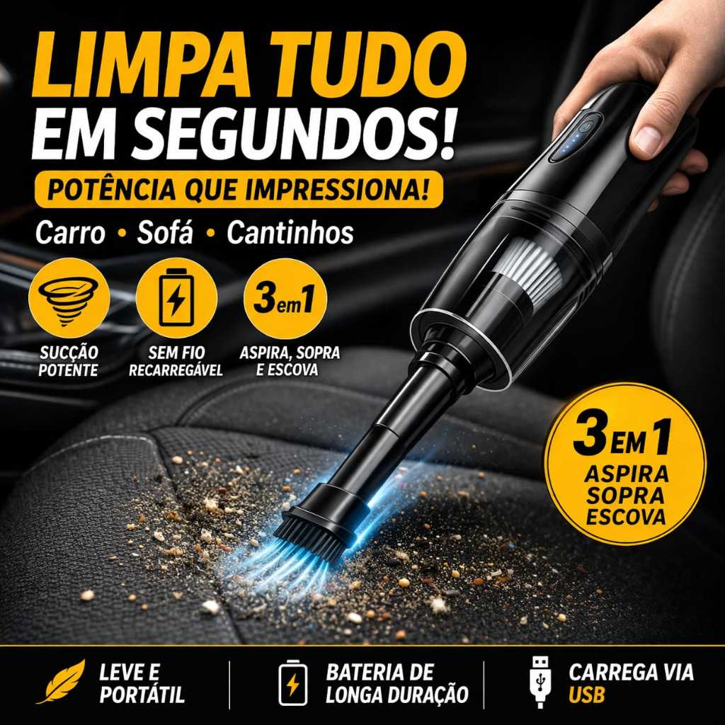 Mini Aspirador Portátil S/Fio Recarregável 3 em 1 Potente  Casa Carro sofa