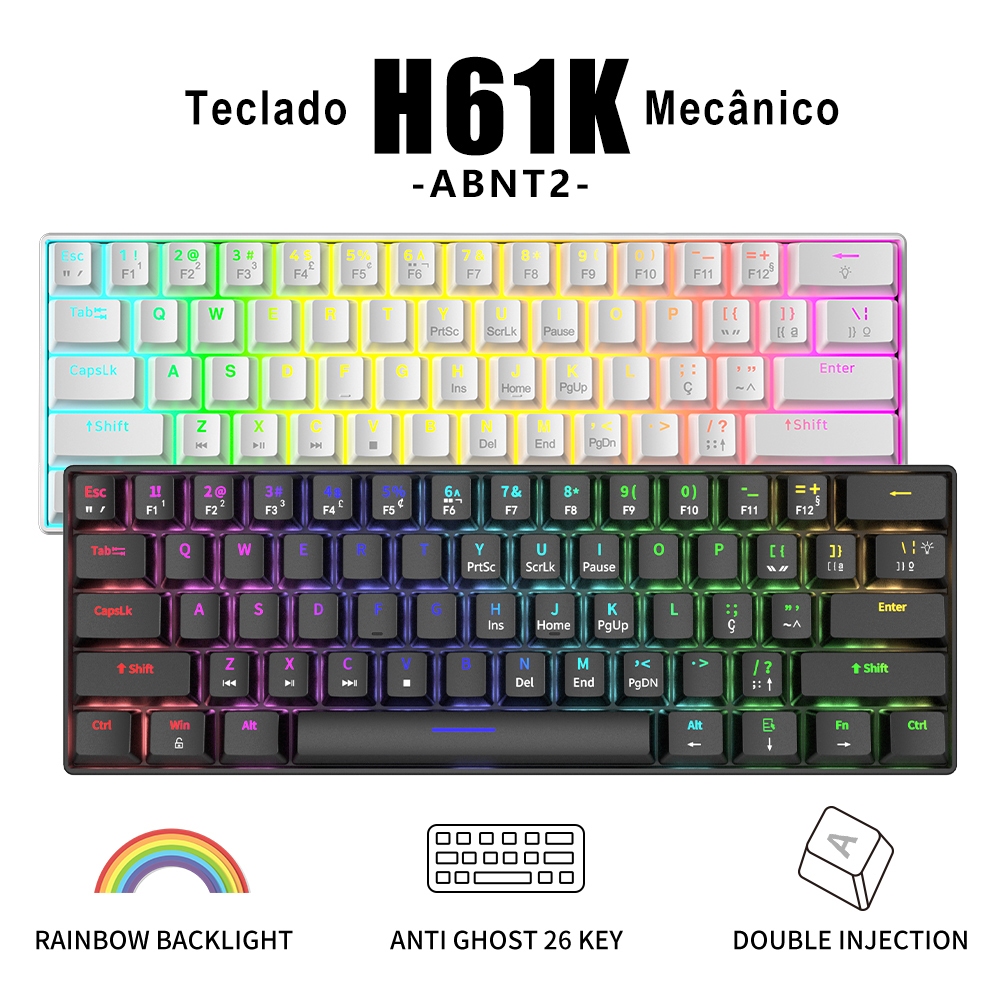 ZIFRIEND H61K Teclado mecânico 60% ABNT2 Switche Red/Blue Rainbow LED Wired gaming Hot-Swappable