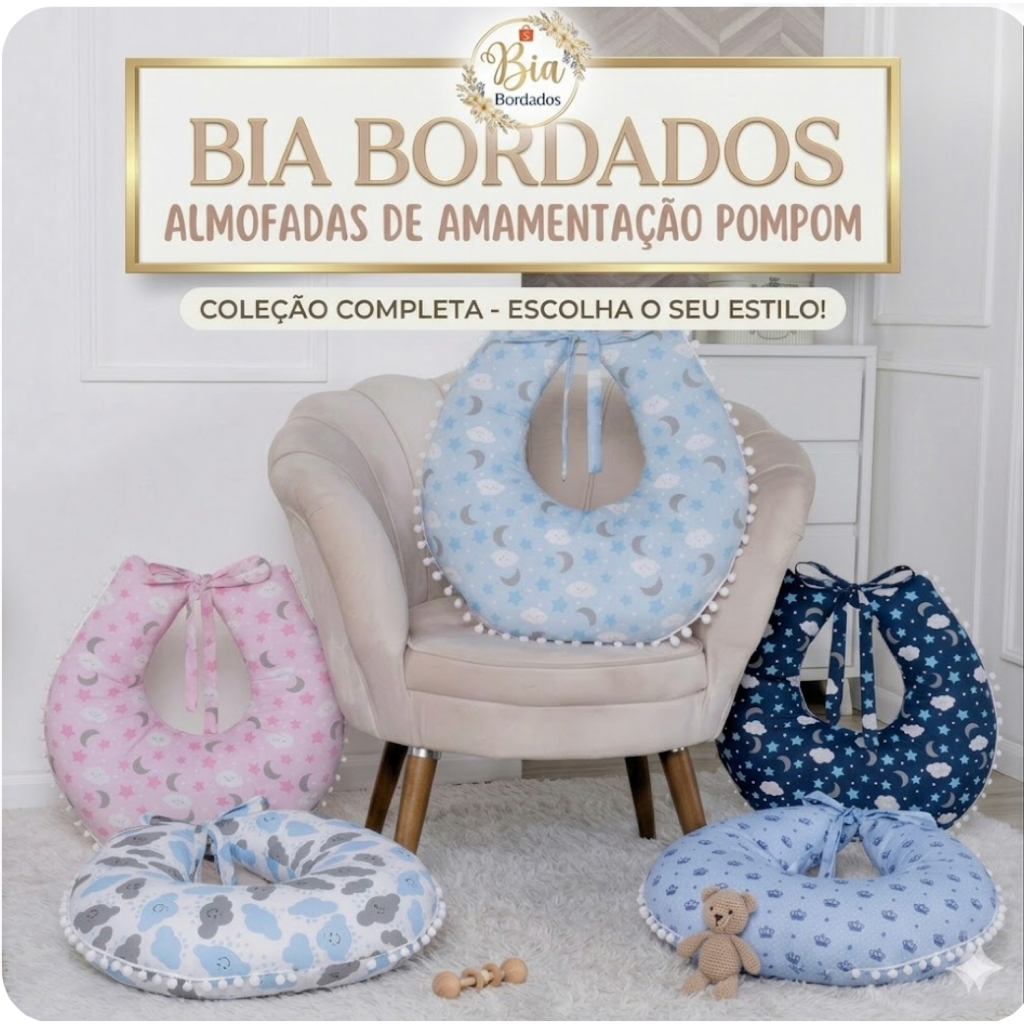 Almofada Amamentação para Amamentar Travesseiro com Zíper e Pompom com Tecido Estampado 100% Algodão