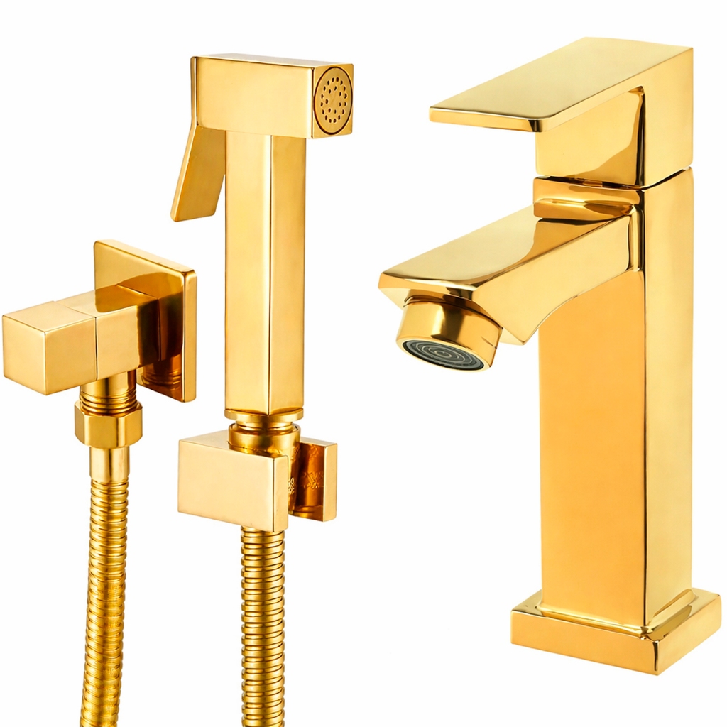 Kit Ducha HigiÃnica Metal Dourada Ouro e Torneira Bica Baixa Dourada Metal Ouro em Oferta na Shopee