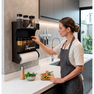 Porta Temperos de Parede com Porta Papel Toalha e Local Para Colocar Potes com Cartela de Etiquetas. em Oferta na Shopee