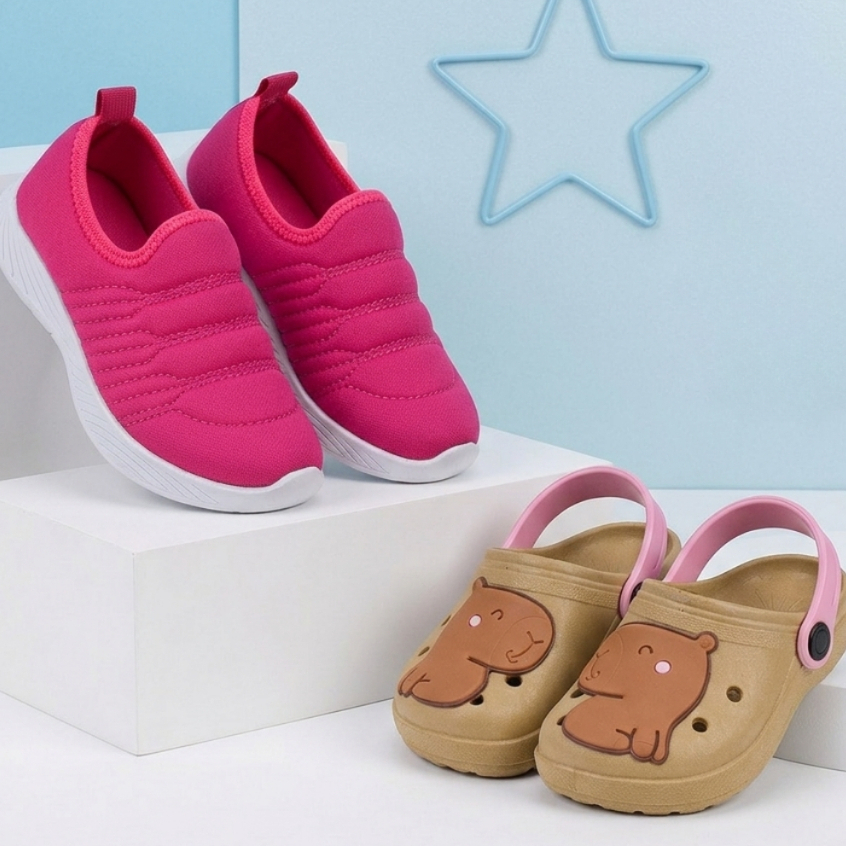 Kit Tênis Infantil Menina Calce Fácil Escolar + Sandália Babuche Infantil Feminino Macia E Leve em Oferta na Shopee