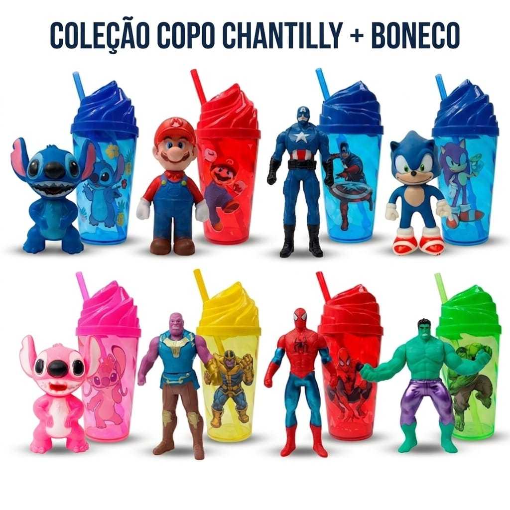 Kit Copo Chantilly Infantil com Boneco Personagem – Copo com Canudo e Tampa Chantilly + Stitch , Sonic , Homem aranha