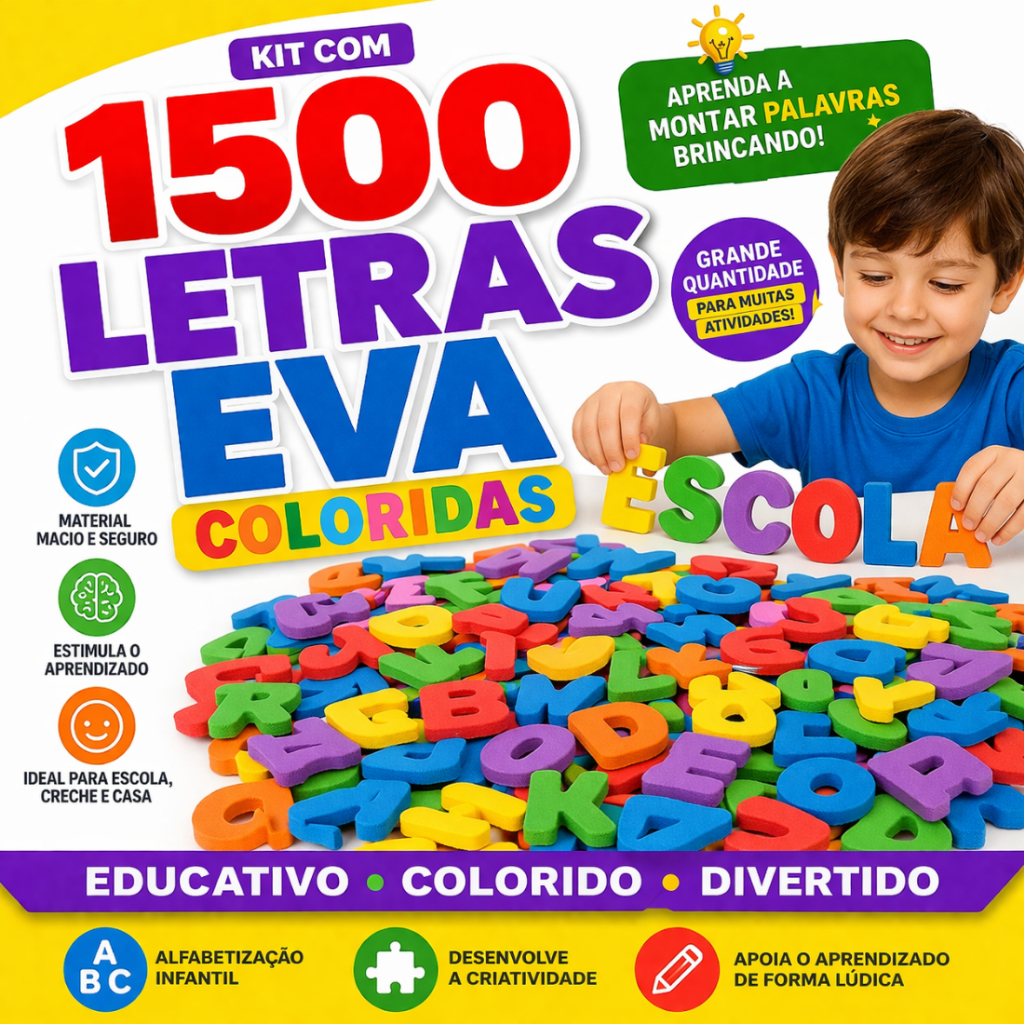 Letras EVA Coloridas 1500 Peças Alfabeto Infantil Educativo Montar Palavras Criança 150 400 600 1000