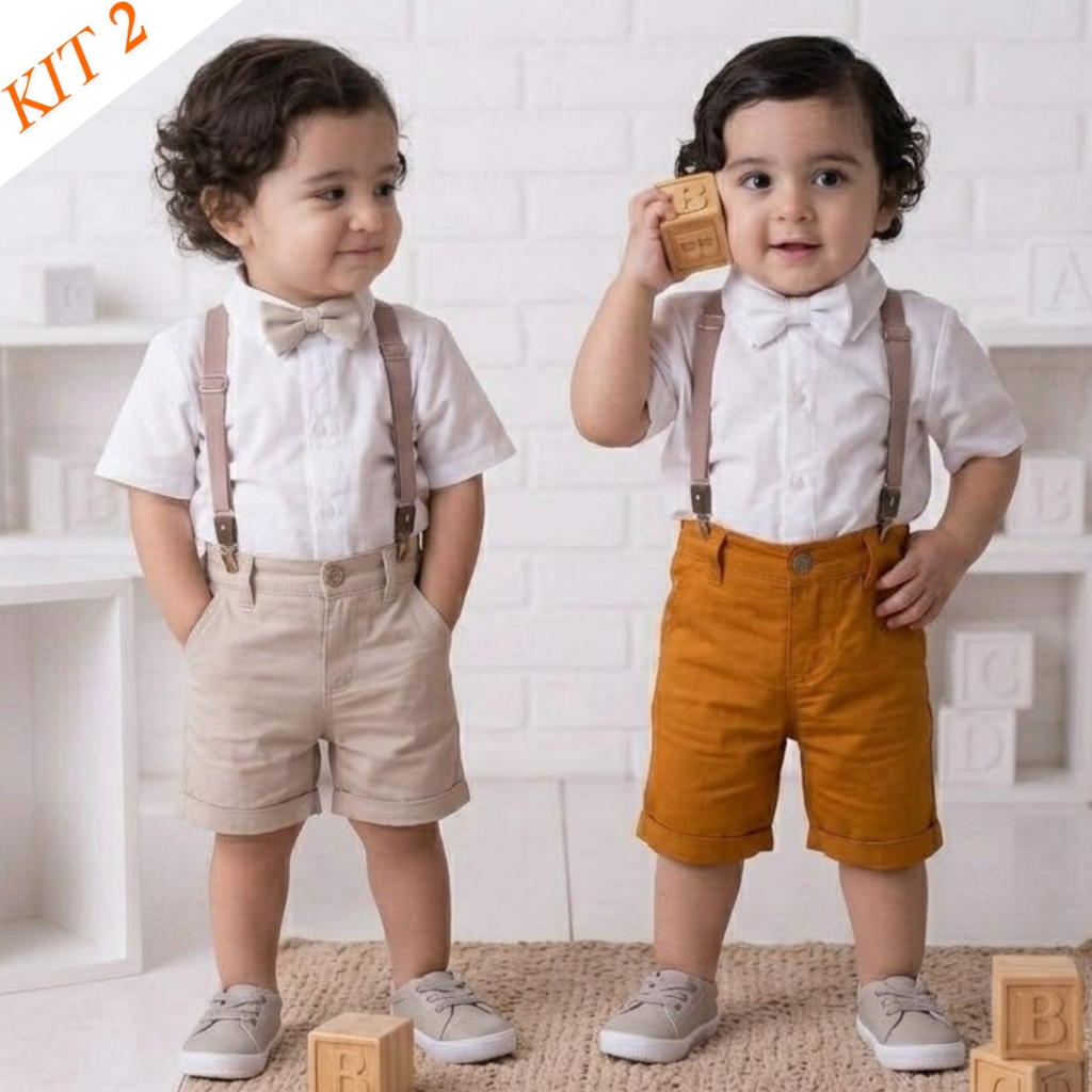 Kit 2 Conjunto Social Infantil Menino Batizado 3 Meses a 6 Anos Camisa Bermuda Suspensório Gravata