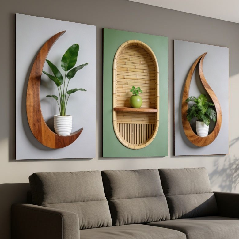 Quadro Decorativo Tríptico Madeira Natural Prateleira 3D Plantas Sala de Estar Arte Moderna Boho 3 Peças em Oferta na Shopee