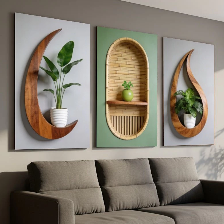 Quadro Decorativo Tríptico Madeira Natural Prateleira 3D Plantas Sala de Estar Arte Moderna Boho 3 Peças — imagem 1
