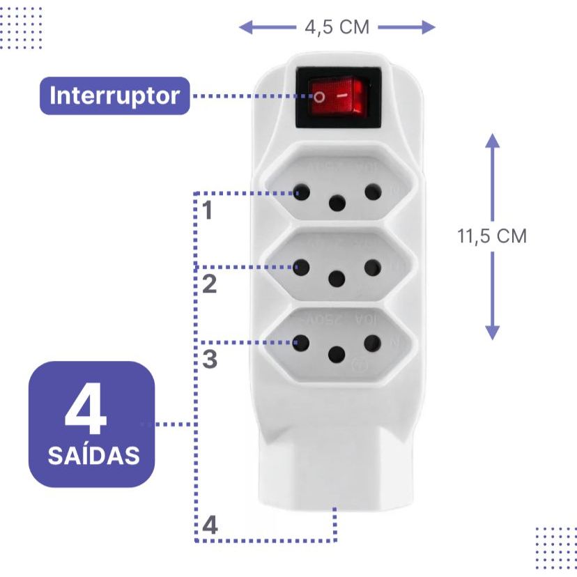 Mini Filtro De Linha 4 Tomadas Adaptador Benjamin Bivolt Interruptor De Segurança 10A 3 Pinos