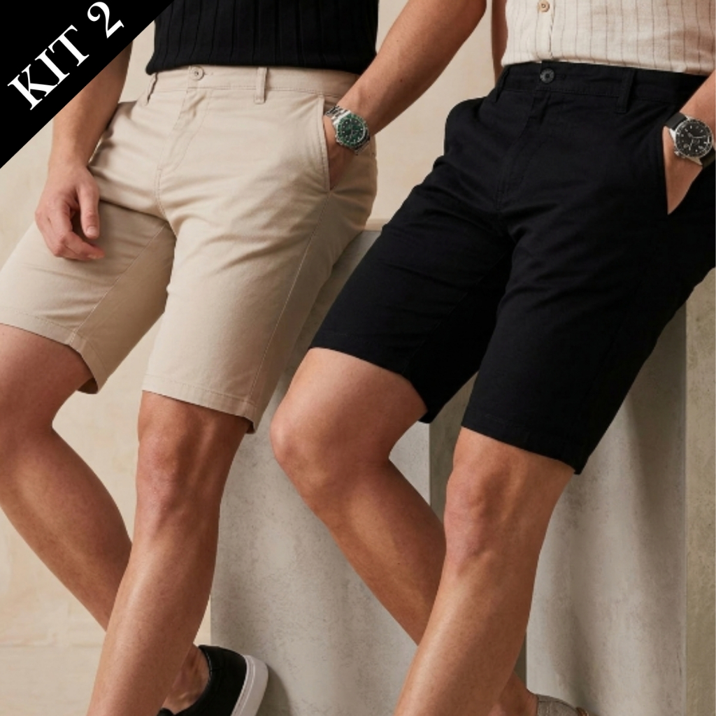 Kit 2 Bermuda Masculina Sarja Slim com Elastano Sport Fino Confortável Casual