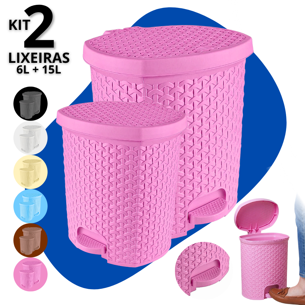 Kit 2 Lixeira Cesto de Lixo 6 + 15 Litros Com Pedal Rattan Banheiro Escritório Cozinha Quarto